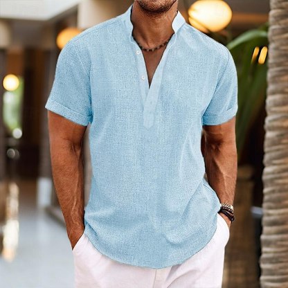 Men's Shirt Linen Shirt Band Collar Shirt Popover Shirt Summer Shirt Beach Wear Plain Casual Daily Black White Pink Green Short Sleeve Henley Summer Clothing Apparel