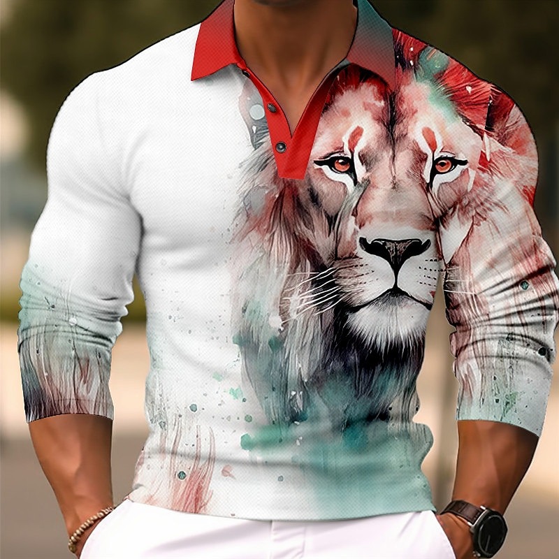 Men's Lion Polo Shirts Golf Shirt Long Sleeve Polo Shirts Collared Shirts Casual Funny Streetwear Vacation Wear Party Outfits Buttons 3D Print Yellow Red Blue