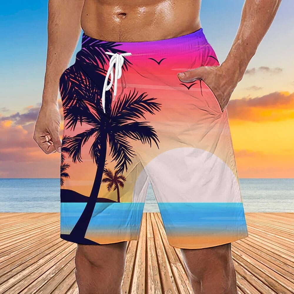 Men's Graphic Coconut Tree Swimming Trunks Board Shorts Swim Shorts Mid Waist Streetwear Hawaiian Boho Casual Daily Holiday Drawstring Elastic Waist 3D Print Designer Clothing Apparel