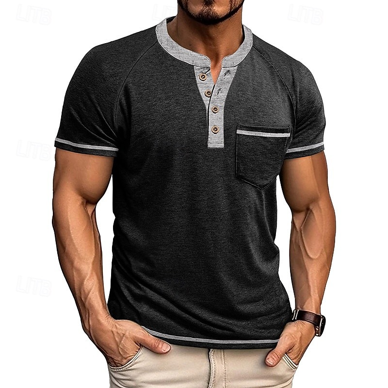 Men's T Shirt Henley Shirt Short Sleeve Shirt Tee Top Short Sleeve Henley Summer Color Block Solid / Plain Color Fashion Designer Fashion Vacation Street Going out Navy Black White Top Tee for Men