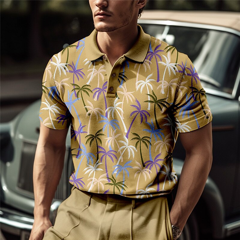 Men's Button Up Polos Lapel Polo Polo Shirt Golf Shirt Coconut Tree Graphic Prints Turndown Blue-Green Pink Blue Green Khaki Outdoor Street Short Sleeves Print Clothing Apparel Sports Fashion