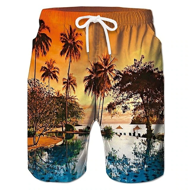 Men's Coconut Tree Board Shorts Swim Shorts Swim Trunks Mid Waist Hawaiian Boho Casual Daily Holiday Drawstring with Mesh lining Elastic Waist Designer Clothing Apparel