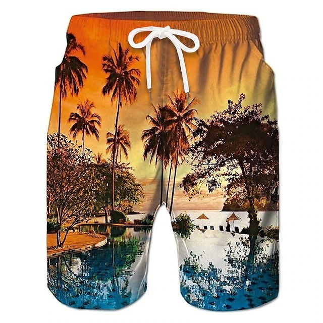 Men's Coconut Tree Board Shorts Swim Shorts Swim Trunks Mid Waist Hawaiian Boho Casual Daily Holiday Drawstring with Mesh lining Elastic Waist Designer Clothing Apparel
