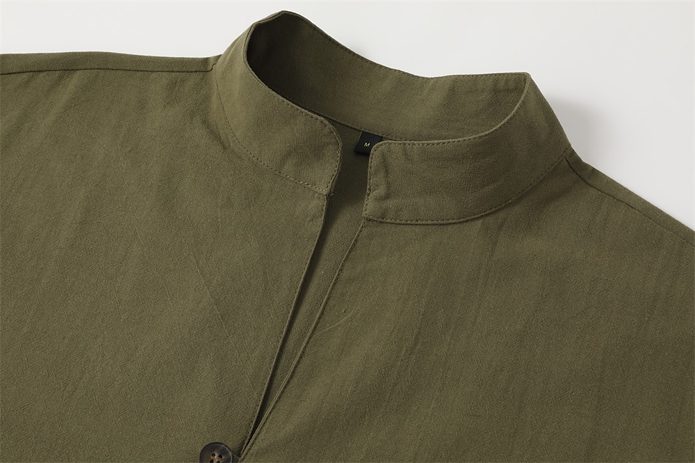 Men's Shirt Linen Shirt Summer Shirt Elegant Button Up Shirt Casual Shirt Black White Pink Blue Long Sleeve Plain Band Collar Summer Spring & Fall Daily Vacation Clothing Apparel