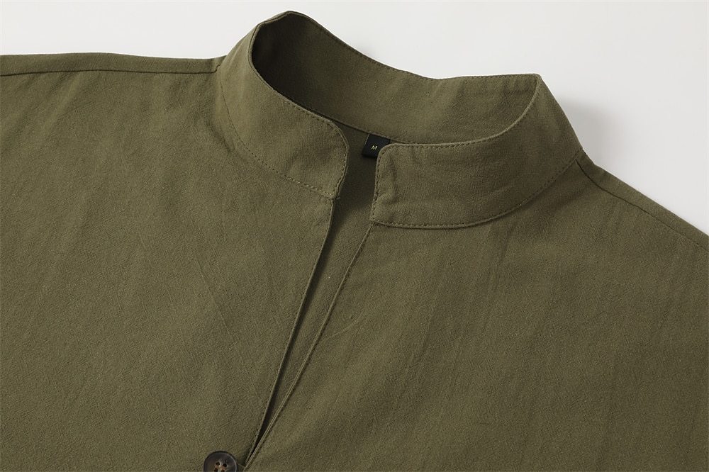 Men's Shirt Linen Shirt Summer Shirt Elegant Button Up Shirt Casual Shirt Black White Pink Blue Long Sleeve Plain Band Collar Summer Spring & Fall Daily Vacation Clothing Apparel