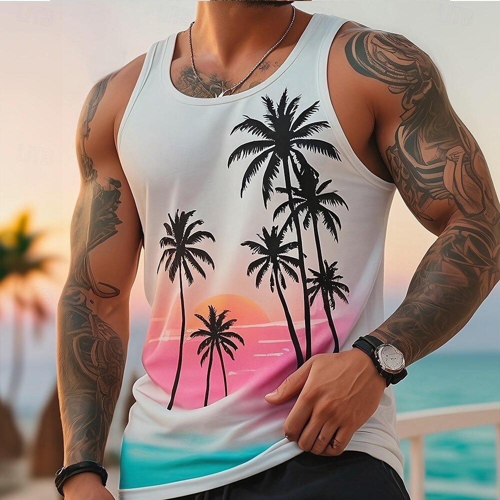 Men's Coconut Palm T Shirt Vest Top Sleeveless T shirt 3D Print Crew Neck Shirt Vacation Casual Hawaiian Holiday White Summer Spring Clothing Apparel S M L XL XXL XXXL