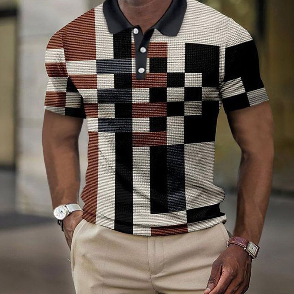 Men's Color Block Waffle Polo Shirts Short Sleeve Polo Shirts Collared Shirts Business Casual Business Athleisure Outdoor clothing Buttons 3D Print Black