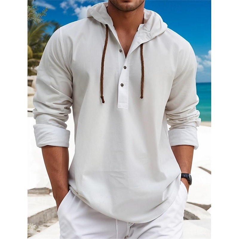 Men's Shirt Linen Shirt Calico Shirt Summer Shirt Beach Wear Plain Vacation Curise White Blue Brown Green Long Sleeve Hooded Spring & Summer Clothing Apparel