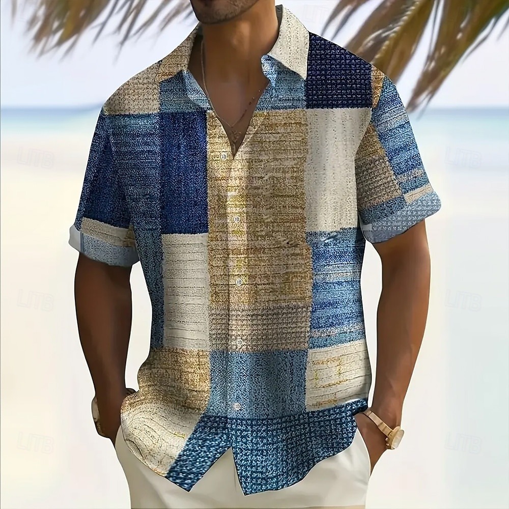 Men's Geometric Color Block Patchwork Shirt Button Up Shirt Short Slee