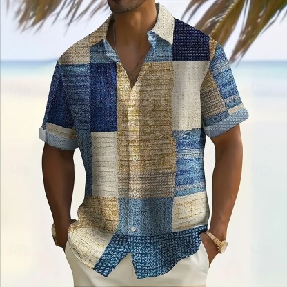 Men's Geometric Color Block Patchwork Shirt Button Up Shirt Short Sleeve Fashion Casual Vacation Holiday Streetwear Summer Turndown 3D Print Collared Shirts Front One Pocket Dark Yellow Blue Brown