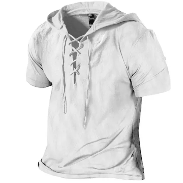 Men's Linen T Shirts Drawstring Lace Up Hood Solid Color Summer Tops Short Sleeve Blouse Mens Plain T-shirt Work Pullover