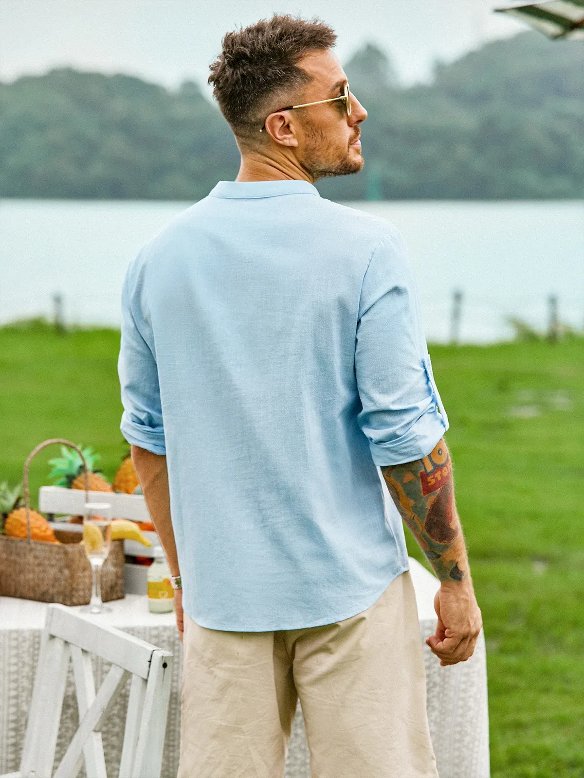 Rhyvra Cotton Linen Plain Color Casual Light Blue Regular Fit Long Sleeve Shirt Hawaiian Shirts For Men