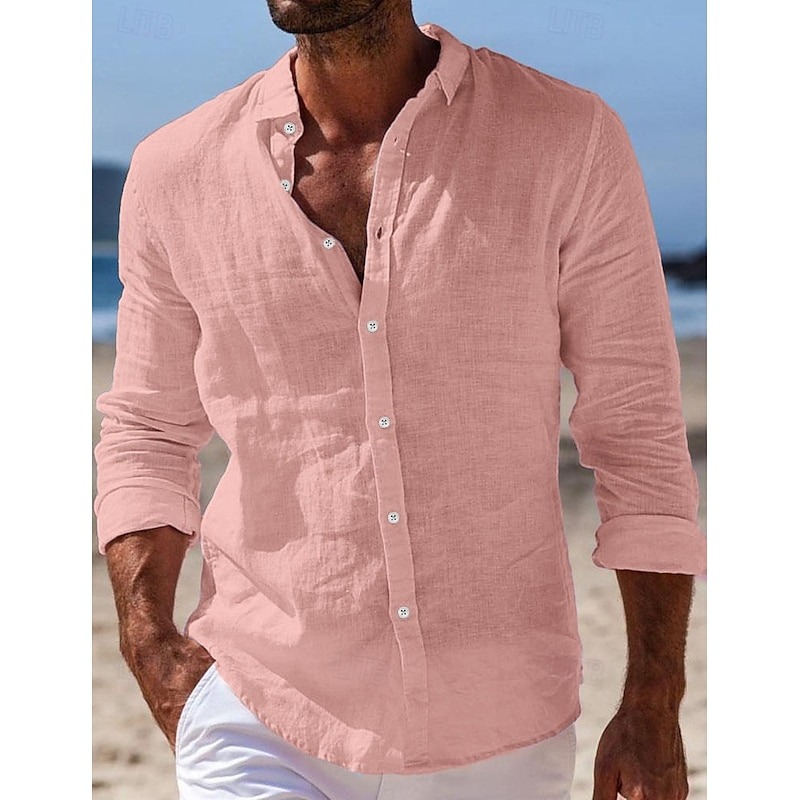 Men's Shirt Linen Shirt Summer Shirt Beach Wear Button Up Shirt Plain Casual Daily Black White Pink Navy Blue Long Sleeve Turndown Spring & Summer Clothing Apparel