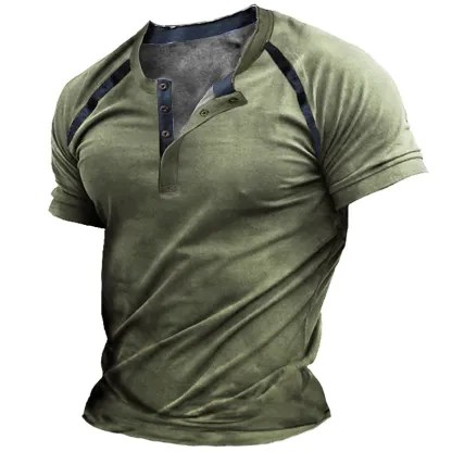 Men's T-shirt Henley Graphic Color Block Short Sleeve Casual Button-Down Print Tops