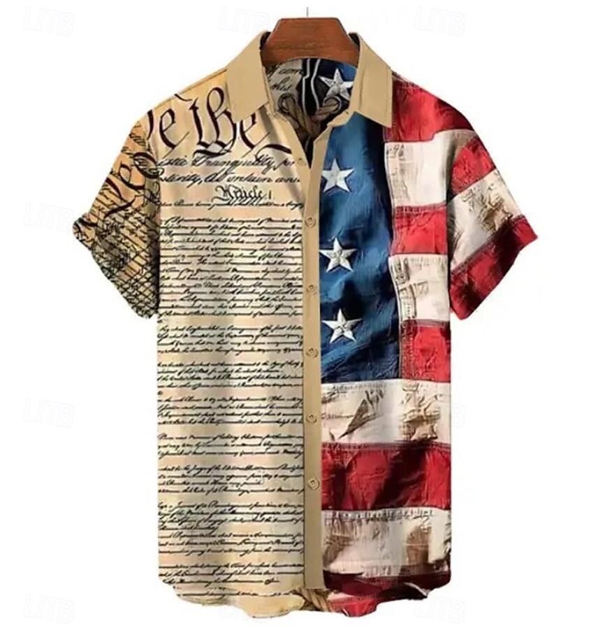 Men's Shirt Summer Hawaiian Shirt Graphic Prints American Flag Turndown White Red Khaki Black+Gray Gray Outdoor Street Short Sleeves Print Clothing Apparel Fashion Streetwear Designer Soft
