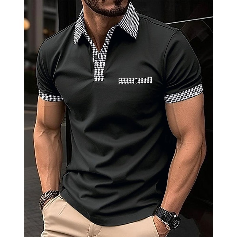 Men's Golf Shirt Golf Polo Work Casual Lapel Short Sleeve Basic Modern Color Block Houndstooth Patchwork Spring & Summer Regular Fit Black White Red Navy Blue Blue Beige Golf Shirt