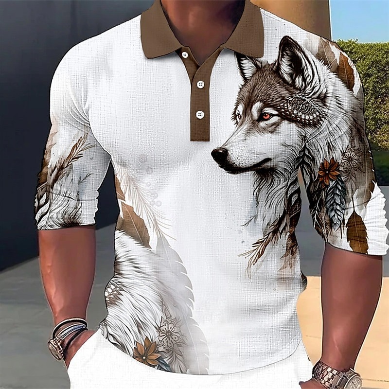 Men's Wolf Polo Shirts Golf Shirt Long Sleeve Polo Shirts Collared Shirts Casual Funny Streetwear Vacation Wear Party Outfits Buttons 3D Print Blue-Green Red Blue