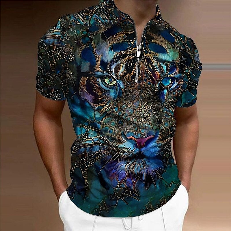 Men's Tiger Zip Polo Shirts Golf Shirt Short Sleeve Polo Shirts Collared Shirts Casual Funny Streetwear Vacation Wear Party Outfits 3D Print Quarter Zip Polo Pink Blue Green
