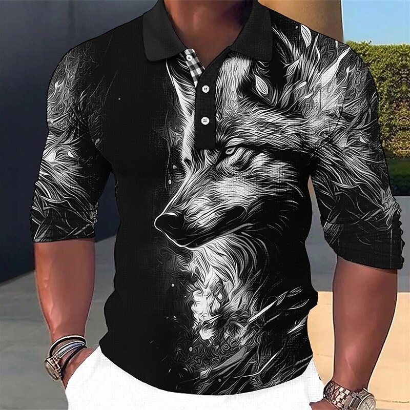 Men's Wolf Polo Shirts Golf Shirt Long Sleeve Polo Shirts Collared Shirts Casual Funny Vacation Wear Party Outfits Buttons 3D Print Red Blue Green