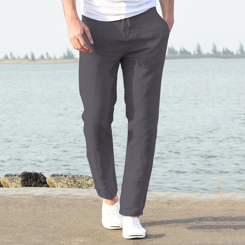 Men's Linen Pants Trousers Summer Pants Beach Pants Casual Pants Drawstring Elastic Waist Plain Breathable Lightweight Full Length Yoga Casual Daily Basic Black White