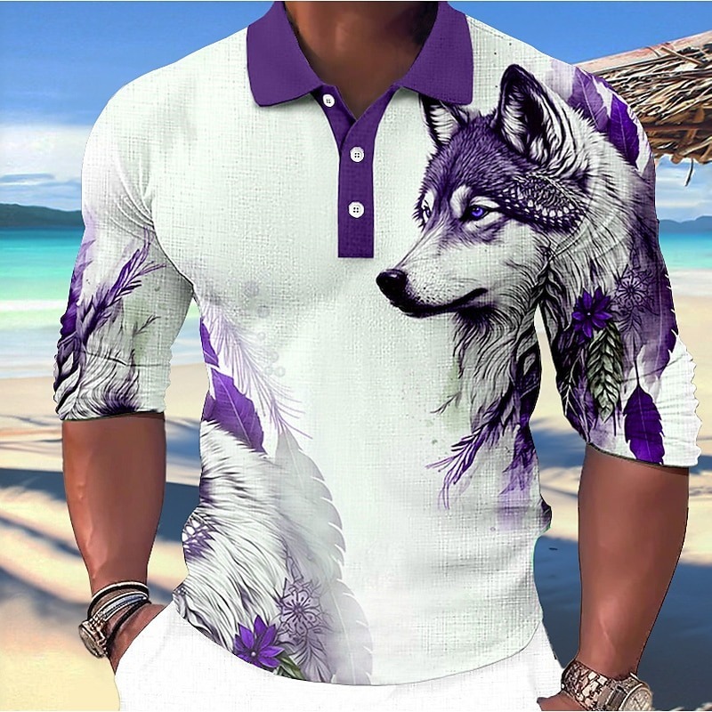 Men's Wolf Polo Shirts Golf Shirt Long Sleeve Polo Shirts Collared Shirts Casual Funny Streetwear Vacation Wear Party Outfits Buttons 3D Print Blue-Green Red Blue