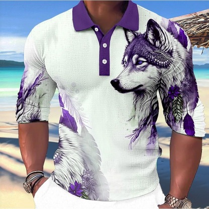 Men's Wolf Polo Shirts Golf Shirt Long Sleeve Polo Shirts Collared Shirts Casual Funny Streetwear Vacation Wear Party Outfits Buttons 3D Print Blue-Green Red Blue