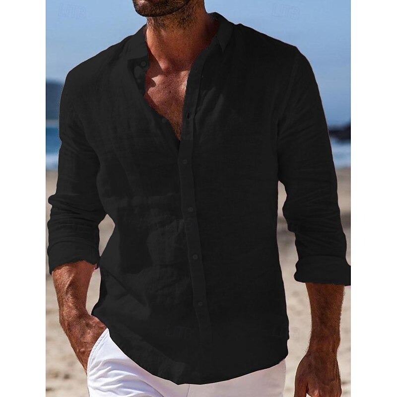 Men's Shirt Linen Shirt Summer Shirt Beach Wear Button Up Shirt Plain Casual Daily Black White Pink Navy Blue Long Sleeve Turndown Spring & Summer Clothing Apparel