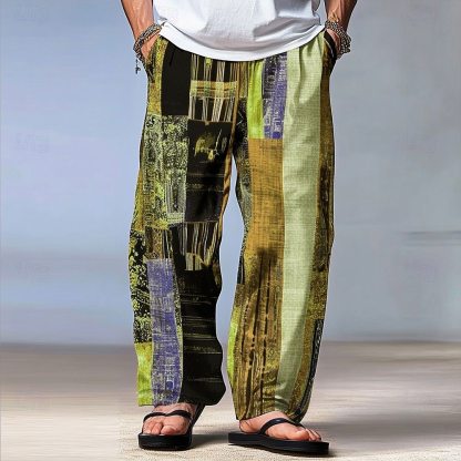 Men's Color Block Patchwork Pants Trousers Mid Waist Drawstring Elastic Waist Hawaiian Casual Outdoor Party Evening Wear Holiday Straight Leg Trousers Summer Spring Fall 3D Print Red Blue Green