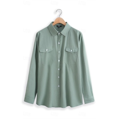 Men's Shirt Linen Shirt Summer Shirt Beach Wear Button Up Shirt Solid Color Street Daily White Blue Green Khaki Long Sleeve Fold-over Collar Clothing Apparel Pocket
