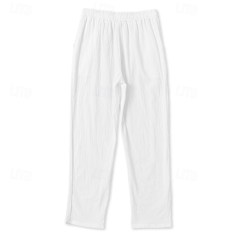 Men's Linen Pants Trousers Summer Pants Beach Pants Drawstring Elastic Waist Straight Leg Plain Comfort Breathable Full Length Outdoor Holiday Beach Vacation Fashion Black White