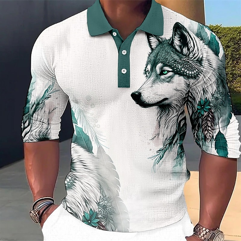 Men's Wolf Polo Shirts Golf Shirt Long Sleeve Polo Shirts Collared Shirts Casual Funny Streetwear Vacation Wear Party Outfits Buttons 3D Print Blue-Green Red Blue