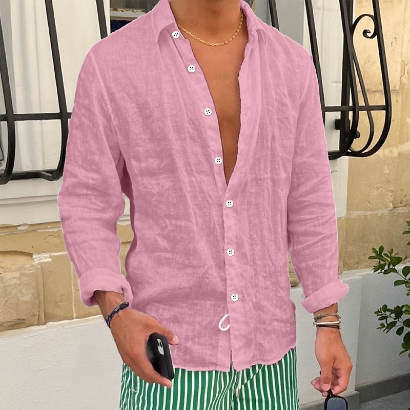 Men's Shirt Linen Shirt Summer Shirt Beach Shirt Plain Casual Daily Black White Pink Royal Blue Long Sleeve Lapel Spring & Summer Clothing Apparel