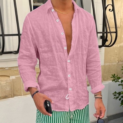 Men's Shirt Linen Shirt Summer Shirt Beach Shirt Plain Casual Daily Black White Pink Royal Blue Long Sleeve Lapel Spring & Summer Clothing Apparel