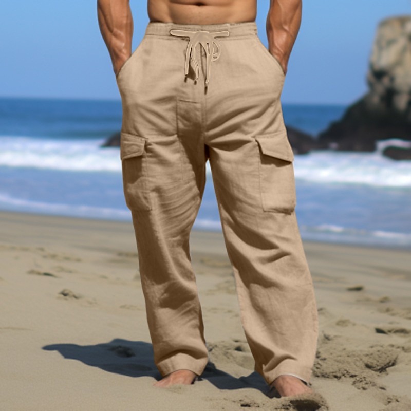 Men's Cargo Pants Trousers Summer Pants Beach Pants Drawstring Multi Pocket Straight Leg Plain Comfort Breathable Outdoor Daily Going out Fashion Casual Black White