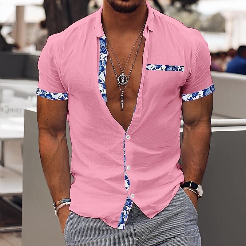 Men's Shirt Linen Shirt Button Up Shirt Casual Shirt Summer Shirt Beach Shirt White Pink Blue Short Sleeve Color Block Lapel Summer Casual Daily Clothing Apparel Patchwork