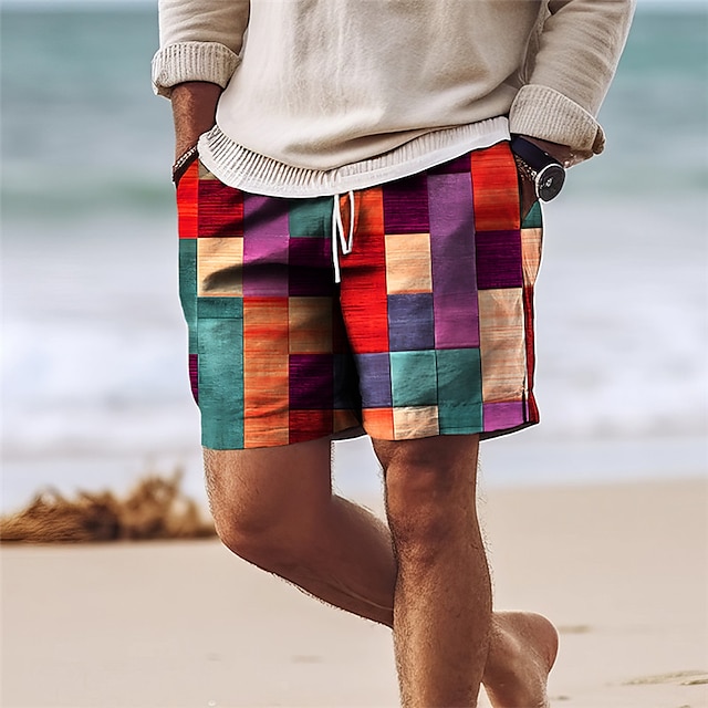 Men's Color Block Patchwork Colorful Swimming Trunks Board Shorts Swim Shorts Mid Waist Hawaiian Casual Holiday Beach Drawstring with Mesh lining Elastic Waist Designer Clothing Apparel