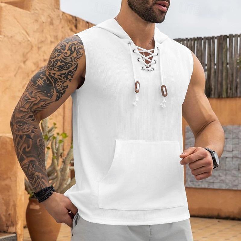 Men's Tank Top Sleeveless Hoodie Sleeveless Shirt Sleeveless Hooded Summer Pit Strip Fashion Designer Muscle Lace up Pocket Outdoor Gym Black White Khaki Top Tee for Men