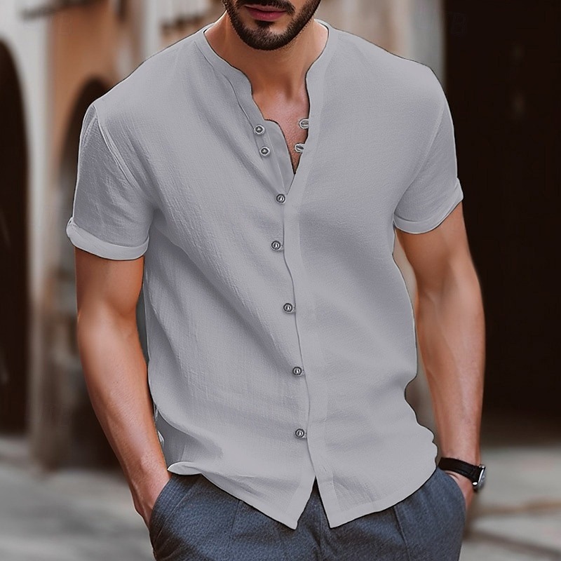 Men's Shirt Linen Shirt Band Collar Shirt Summer Shirt Beach Wear Button Up Shirt Plain Casual Daily Black White Blue Khaki Short Sleeve Band Collar Summer Clothing Apparel