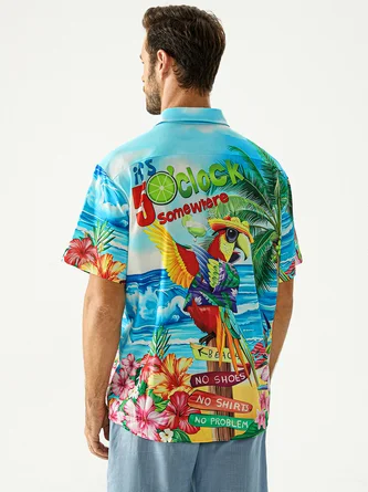 Rhyvra Hardaddy Party Shirts It's 5 O'Clock Somewhere Parrot Chest Pocket Short Sleeve Hawaiian Shirt