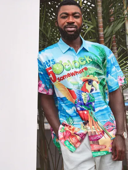 Rhyvra Hardaddy Party Shirts It's 5 O'Clock Somewhere Parrot Chest Pocket Short Sleeve Hawaiian Shirt