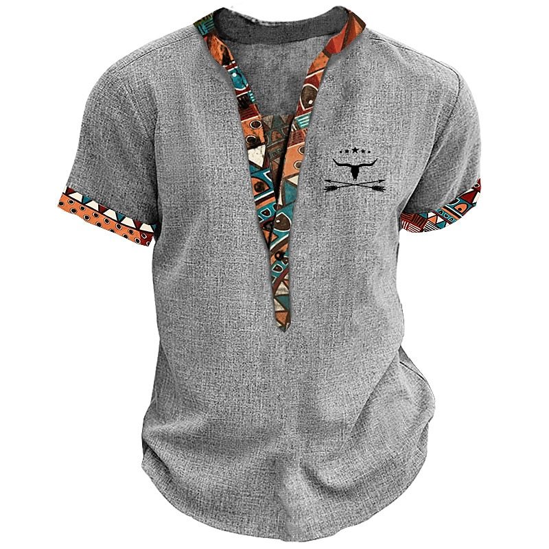 Tribal Bandana Print Designer Ethnic Men's 3D Print T shirt Tee Henley Shirt Casual Daily T shirt Yellow Brown Green Short Sleeve Standing Collar Shirt Summer Spring Clothing Apparel S M L XL XXL 3XL