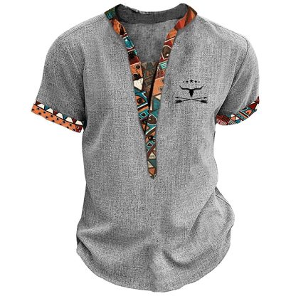 Tribal Bandana Print Designer Ethnic Men's 3D Print T shirt Tee Henley Shirt Casual Daily T shirt Yellow Brown Green Short Sleeve Standing Collar Shirt Summer Spring Clothing Apparel S M L XL XXL 3XL