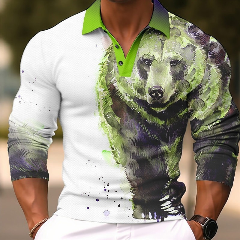 Men's Bear Polo Shirts Golf Shirt Long Sleeve Polo Shirts Collared Shirts Casual Funny Streetwear Vacation Wear Party Outfits Buttons 3D Print Blue-Green Yellow Blue