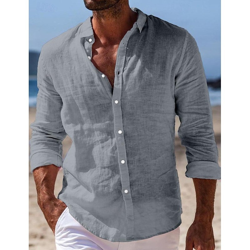 Men's Shirt Linen Shirt Summer Shirt Beach Wear Button Up Shirt Plain Casual Daily Black White Pink Navy Blue Long Sleeve Turndown Spring & Summer Clothing Apparel
