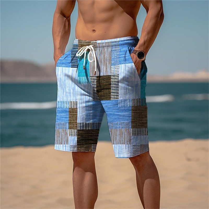 Men's Graphic Plaid Color Block Sweat Shorts Beach Shorts Terry Shorts Mid Waist Casual Athleisure Daily Holiday Streetwear Drawstring Elastic Waist 3D Print Designer Clothing Apparel