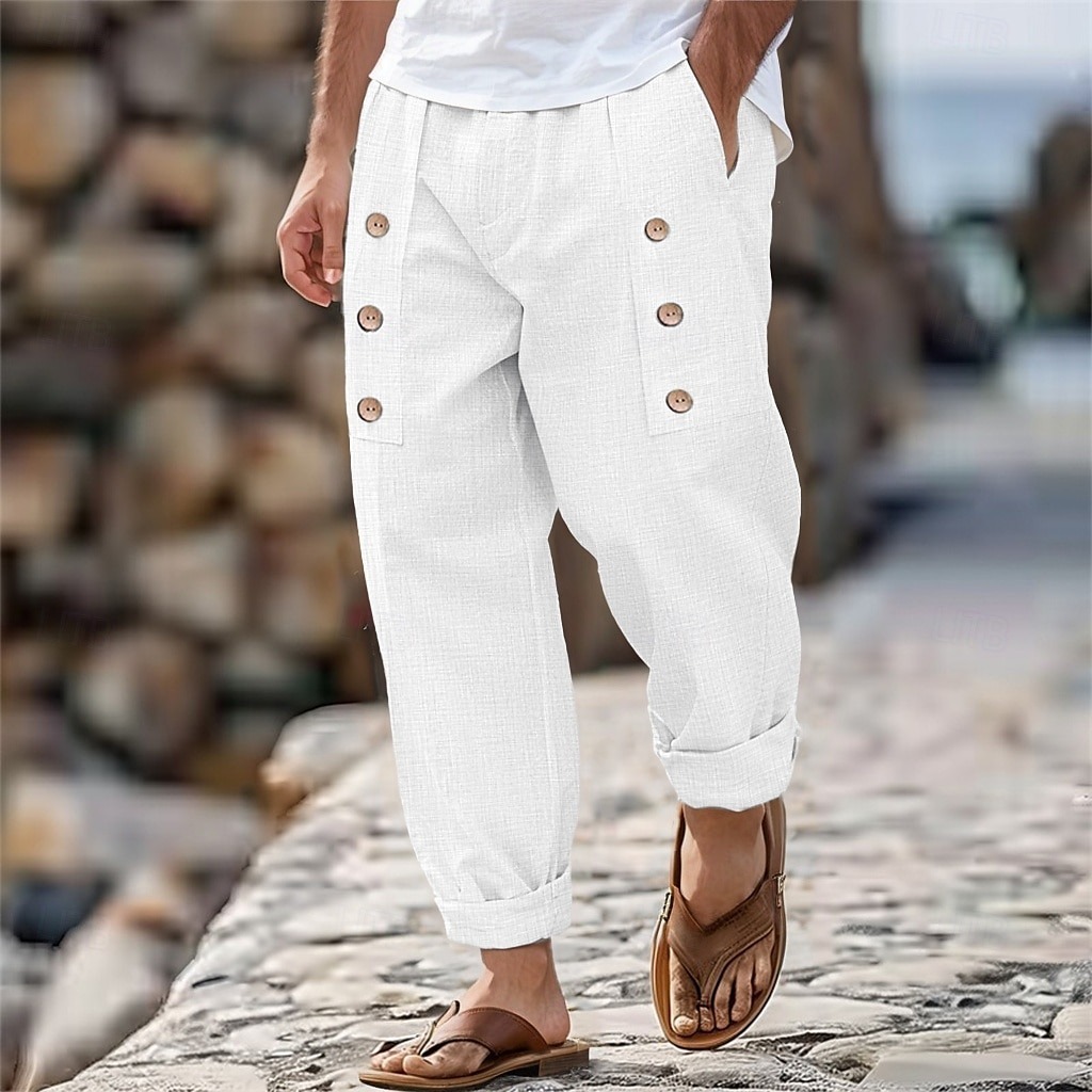 Men's Linen Pants Trousers Summer Pants Buttons Front Pocket Pleats Plain Comfort Breathable Full Length Casual Daily Holiday Fashion Basic Loose Fit Black White