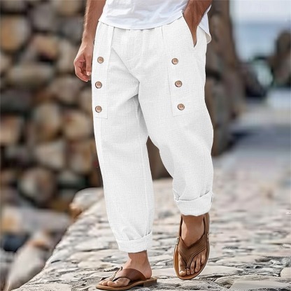 Men's Linen Pants Trousers Summer Pants Buttons Front Pocket Pleats Plain Comfort Breathable Full Length Casual Daily Holiday Fashion Basic Loose Fit Black White