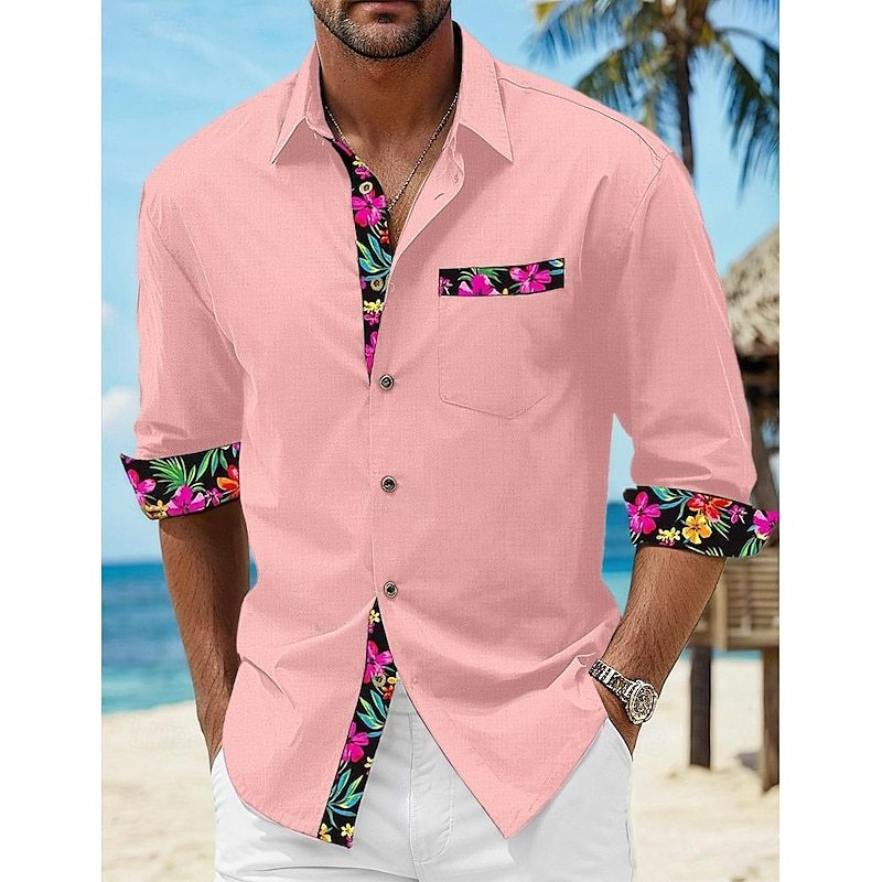 Men's Shirt Linen Shirt Summer Shirt Beach Wear Button Up Shirt Floral Vacation Curise Black White Pink Blue Long Sleeve Lapel Spring & Fall Clothing Apparel Splice