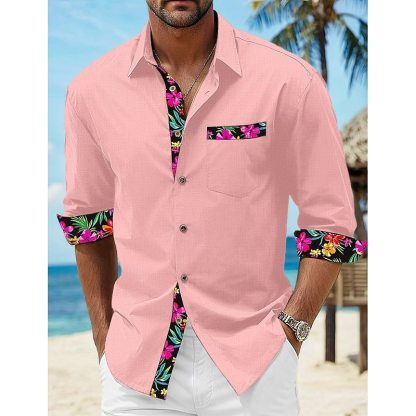 Men's Shirt Linen Shirt Summer Shirt Beach Wear Button Up Shirt Floral Vacation Curise Black White Pink Blue Long Sleeve Lapel Spring & Fall Clothing Apparel Splice