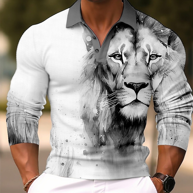 Men's Lion Polo Shirts Golf Shirt Long Sleeve Polo Shirts Collared Shirts Casual Funny Streetwear Vacation Wear Party Outfits Buttons 3D Print Yellow Red Blue